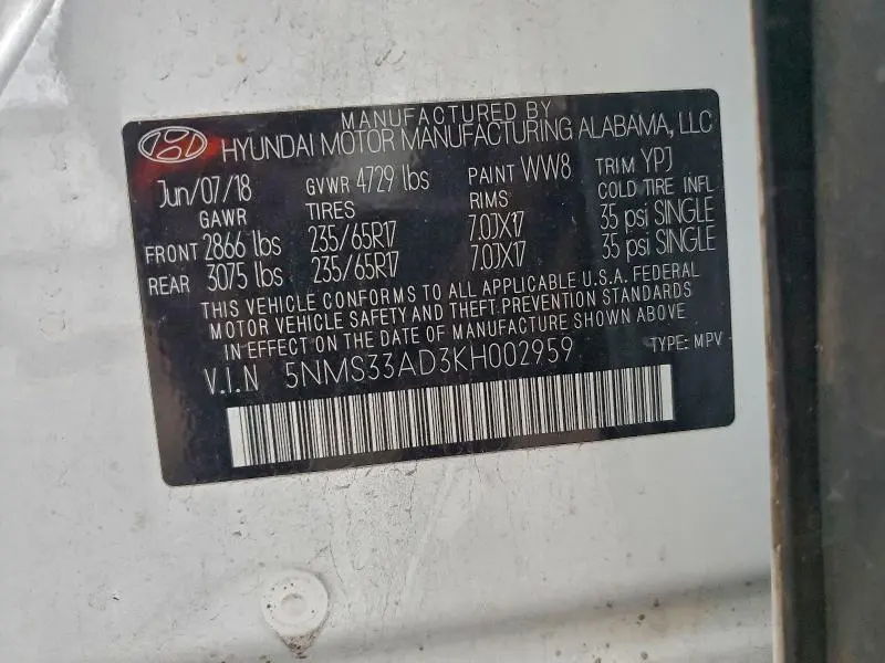 2019 HYUNDAI SANTA FE SEL  