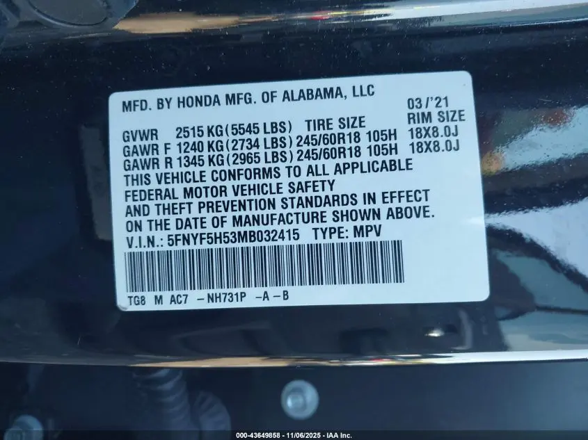 2021 HONDA PILOT 2WD EX-L