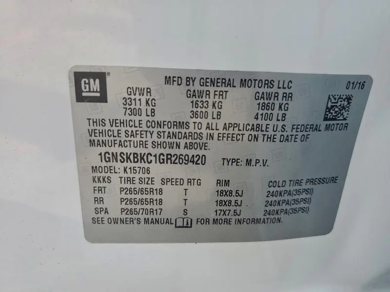 2016 CHEVROLET TAHOE K1500 LT  