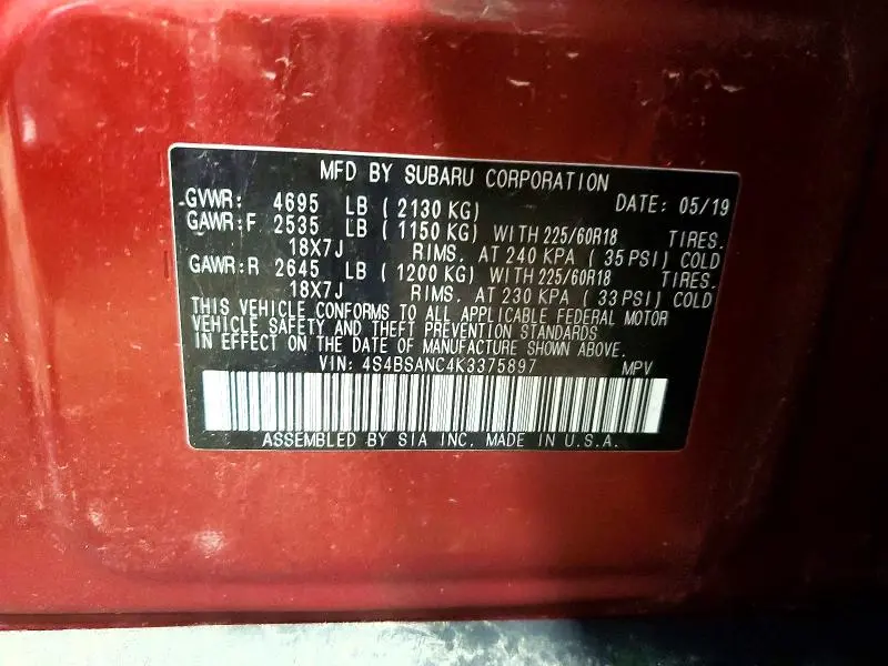 2019 SUBARU OUTBACK 2.5I LIMITED  