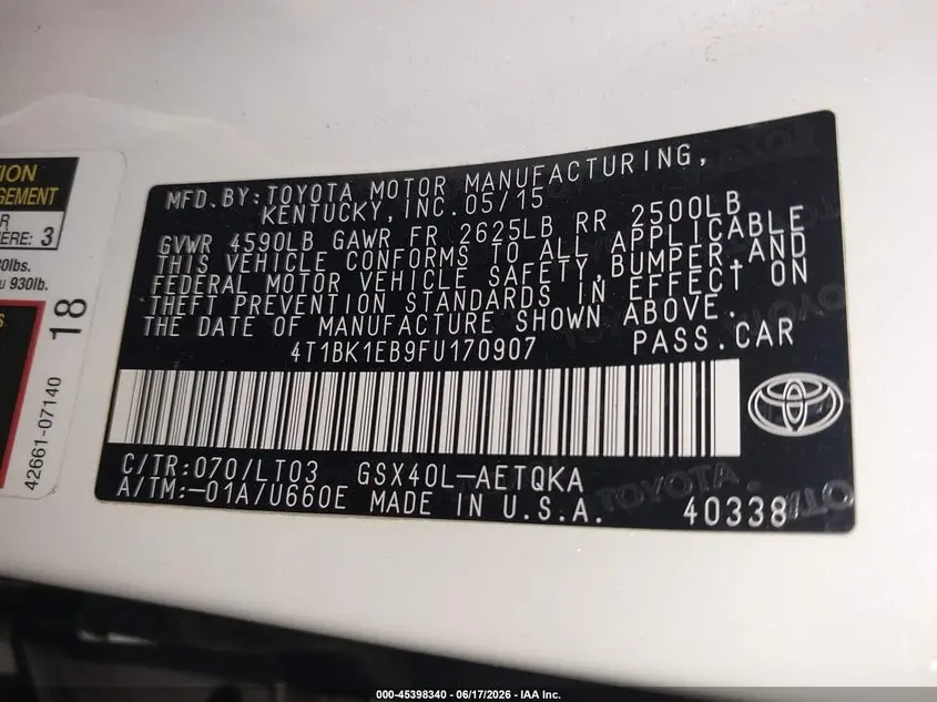 2015 TOYOTA AVALON XLE TOURING