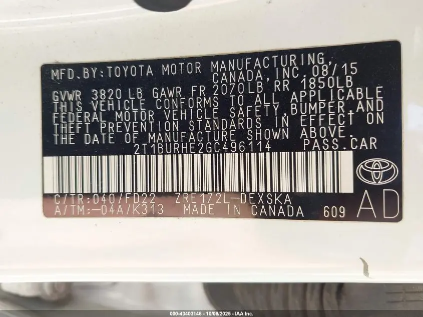 2016 TOYOTA COROLLA S W/SPECIAL EDITION PKG