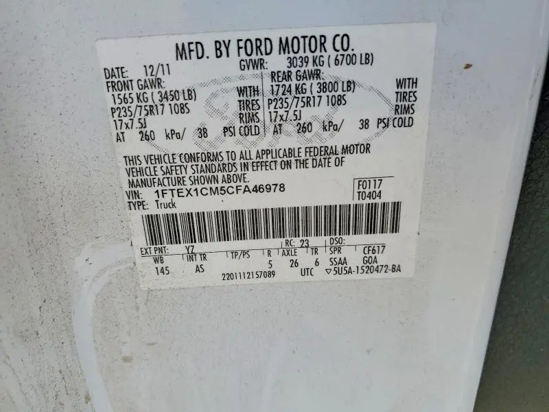 2012 FORD F150 SUPER CAB  