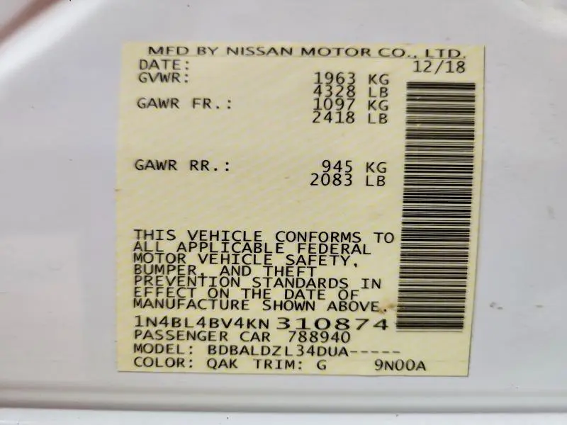 2019 NISSAN ALTIMA S  