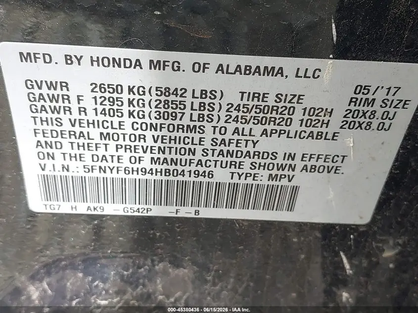 2017 HONDA PILOT TOURING