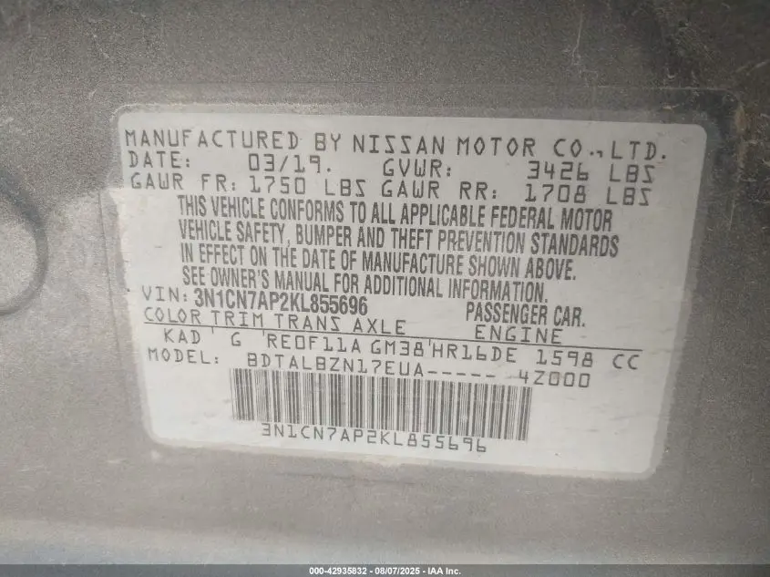 2019 NISSAN VERSA 1.6 SV