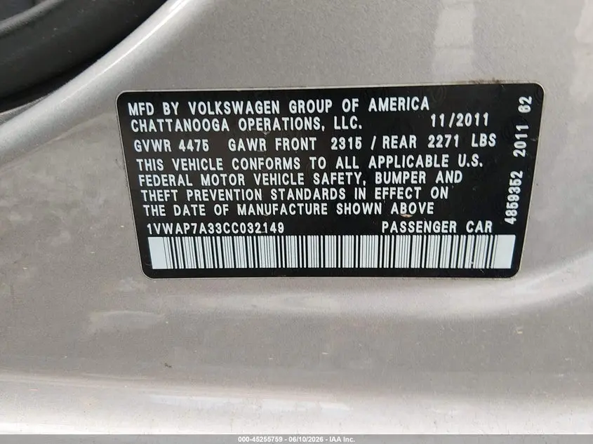 2012 VOLKSWAGEN PASSAT 2.5L S