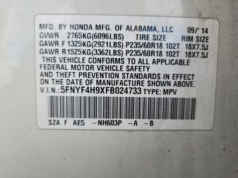 2015 HONDA PILOT TOURING  