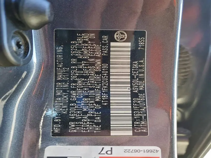 2012 TOYOTA CAMRY BASE  