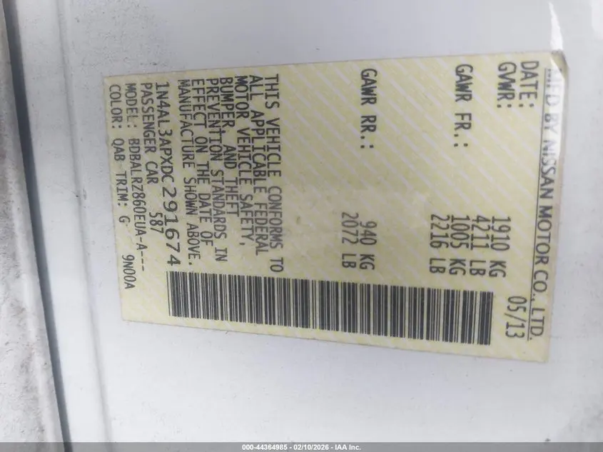 2013 NISSAN ALTIMA 2.5 S