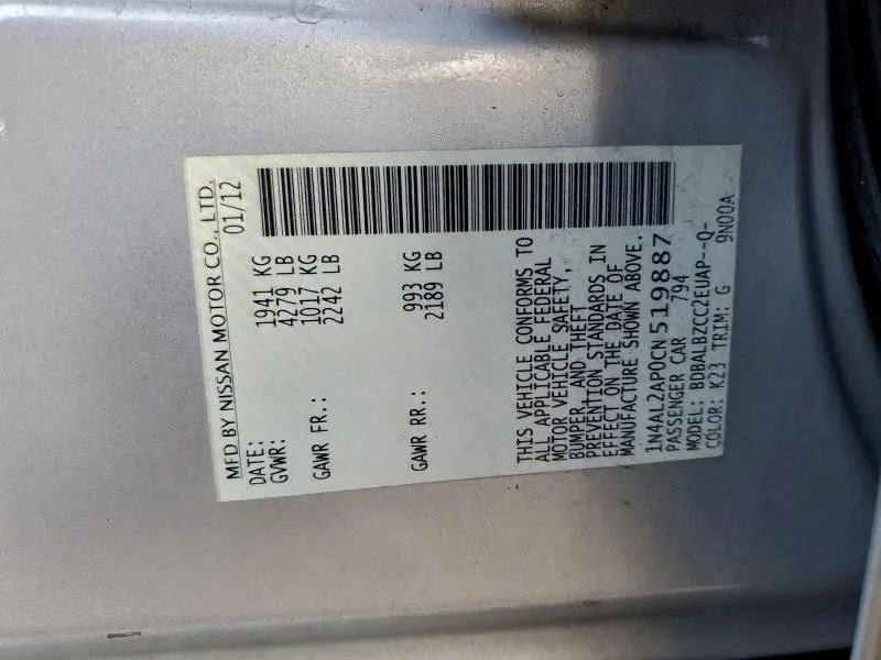 2012 NISSAN ALTIMA BASE  