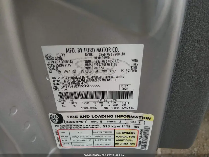 2012 FORD F-150 PLATINUM