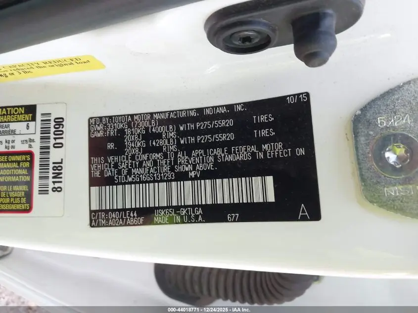 2016 TOYOTA SEQUOIA LIMITED 5.7L V8