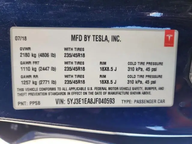 2018 TESLA MODEL 3   
