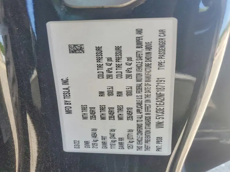 2022 TESLA MODEL 3   