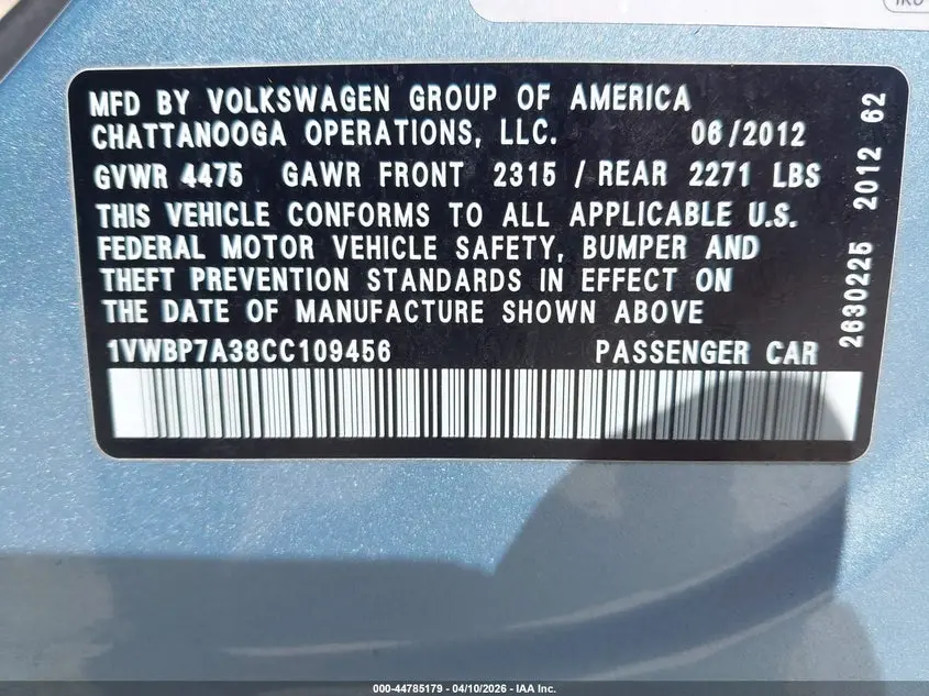 2012 VOLKSWAGEN PASSAT 2.5L SE