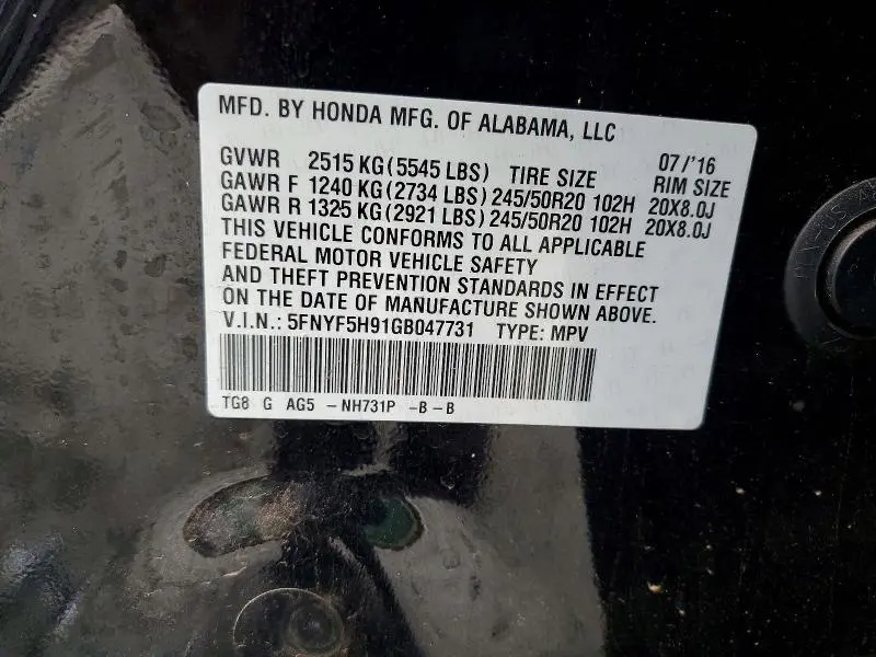 2016 HONDA PILOT TOURING  