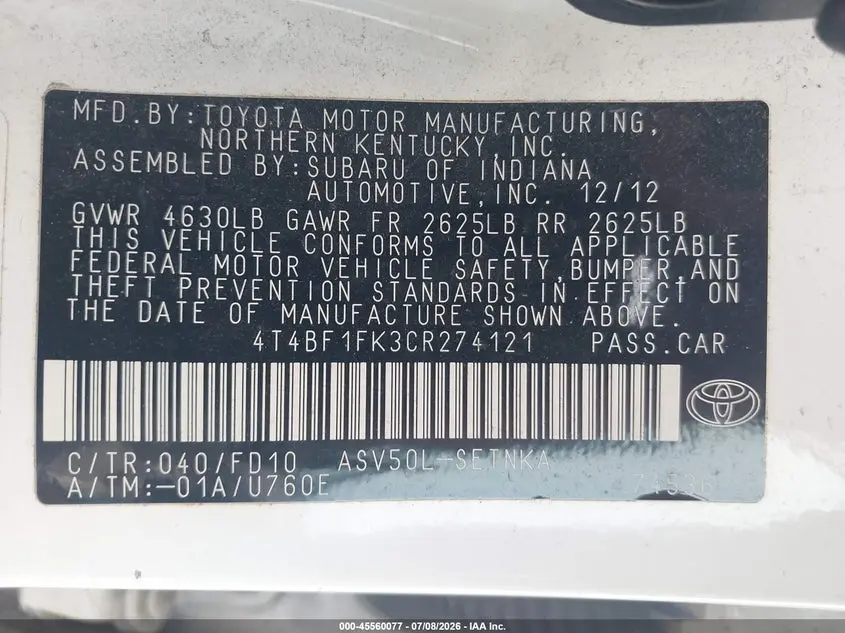 2012 TOYOTA CAMRY LE