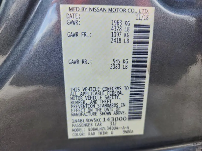 2019 NISSAN ALTIMA SV  