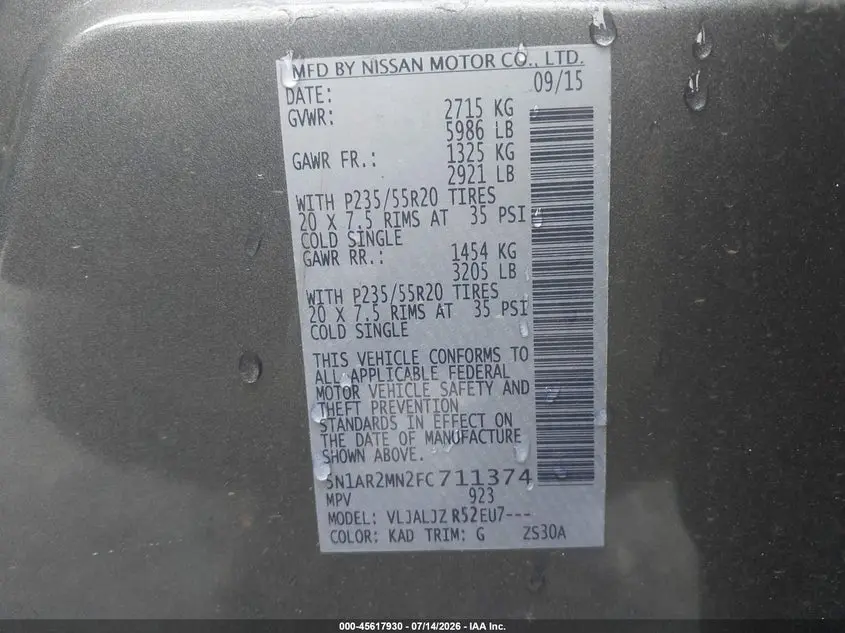 2015 NISSAN PATHFINDER PLATINUM