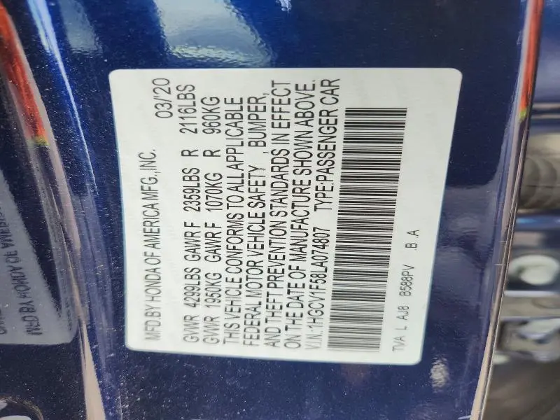 2020 HONDA ACCORD EXL  