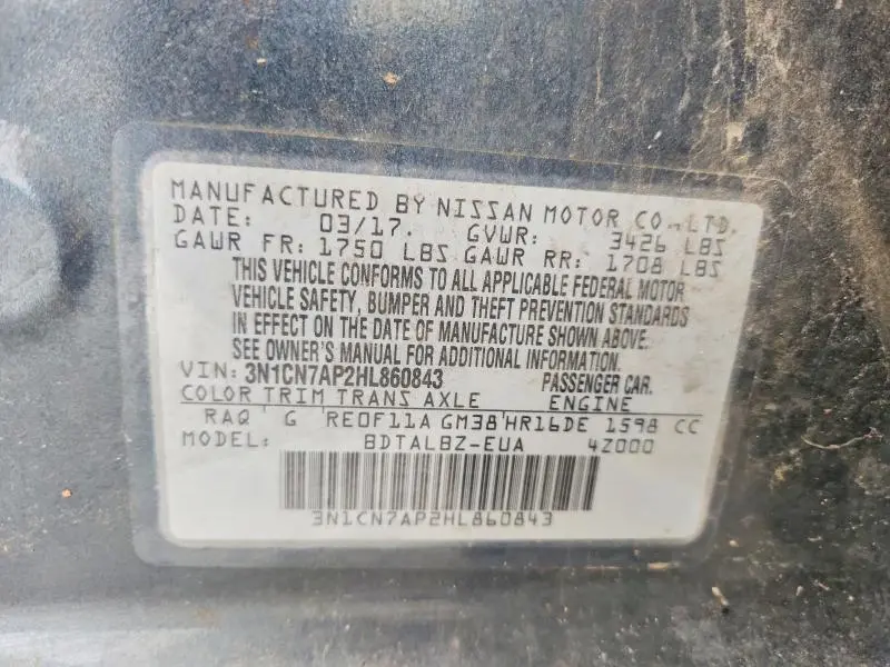 2017 NISSAN VERSA 1.6 SV  