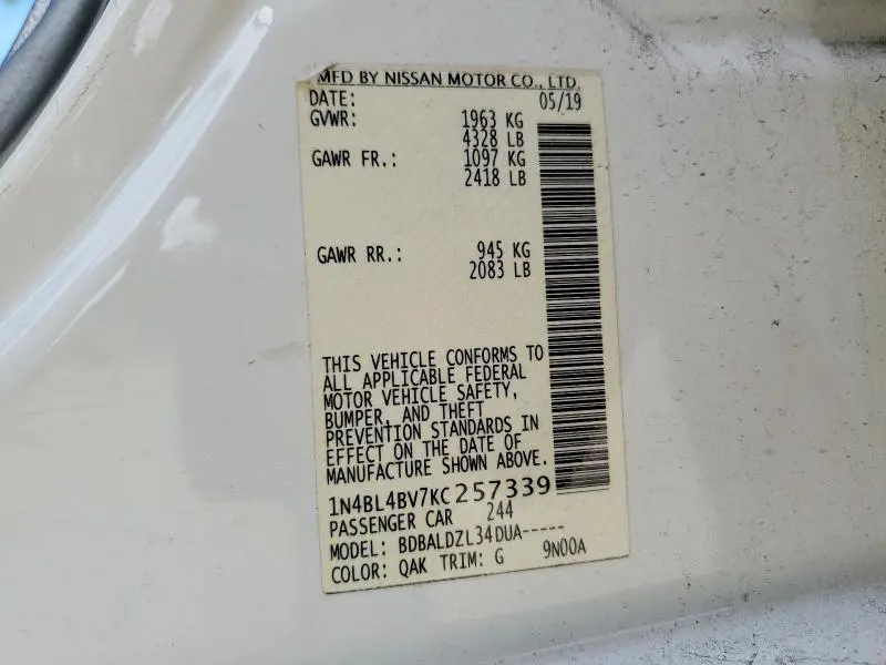 2019 NISSAN ALTIMA S  