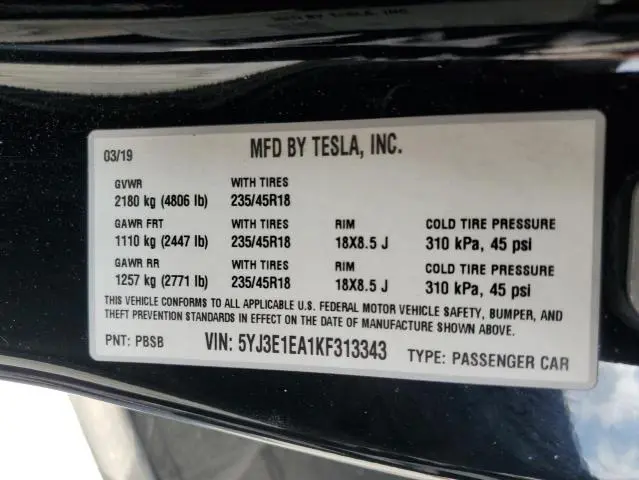 2019 TESLA MODEL 3   
