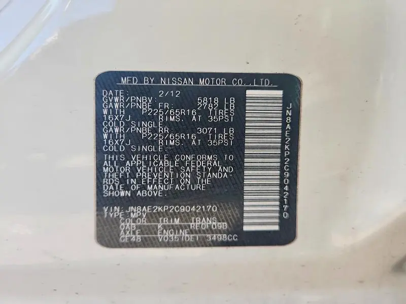 2012 NISSAN QUEST 3.5 S  
