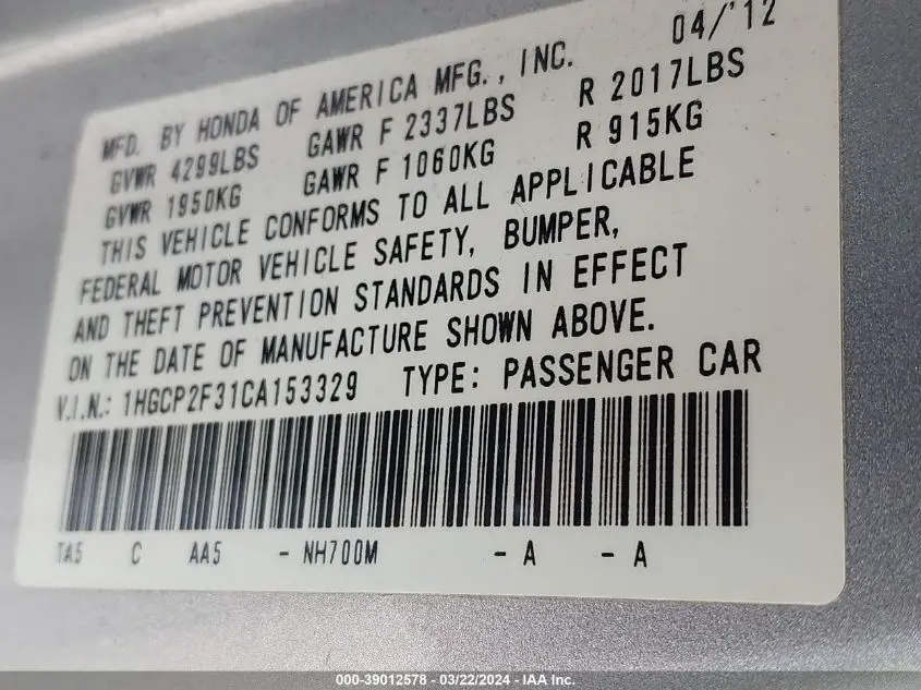 2012 HONDA ACCORD 2.4 LX