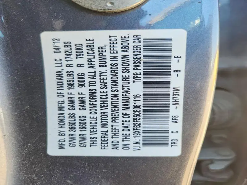 2012 HONDA CIVIC LX  