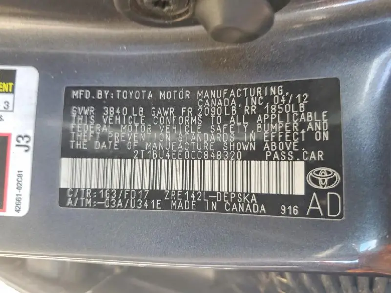 2012 TOYOTA COROLLA BASE  