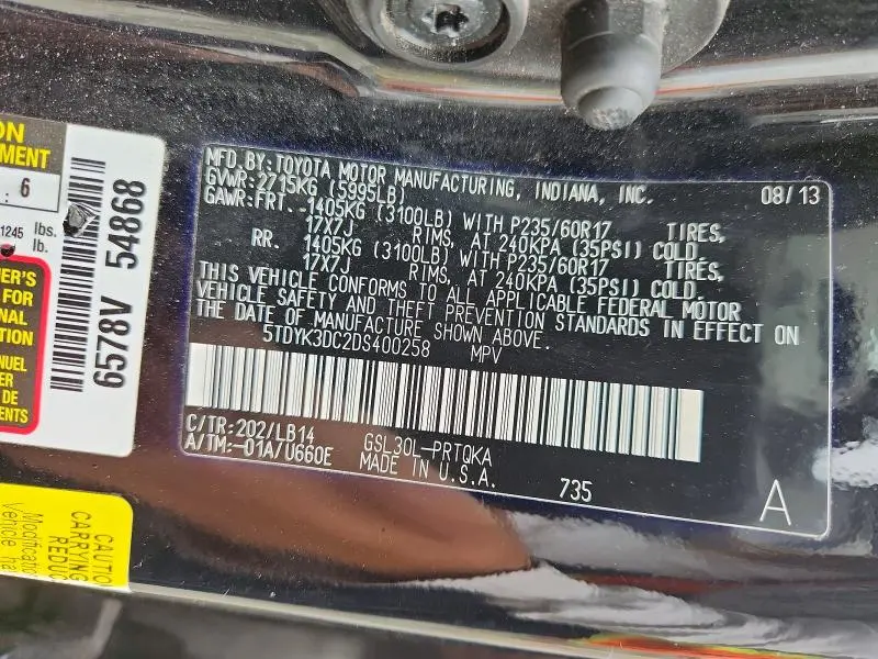 2013 TOYOTA SIENNA XLE 8-PASSENGER  
