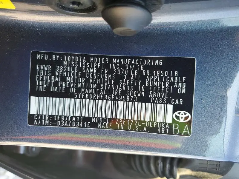 2016 TOYOTA COROLLA L  