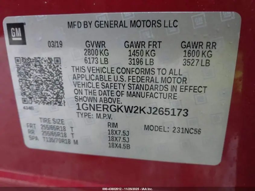 2019 CHEVROLET TRAVERSE 1LT