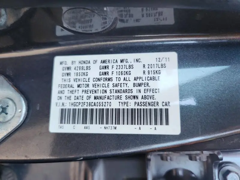 2012 HONDA ACCORD LX  