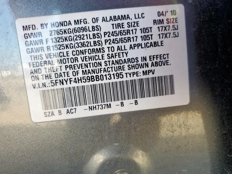 2011 HONDA PILOT EXL  