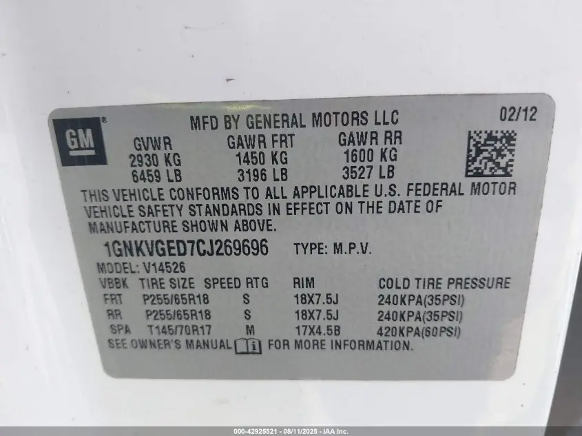 2012 CHEVROLET TRAVERSE 1LT