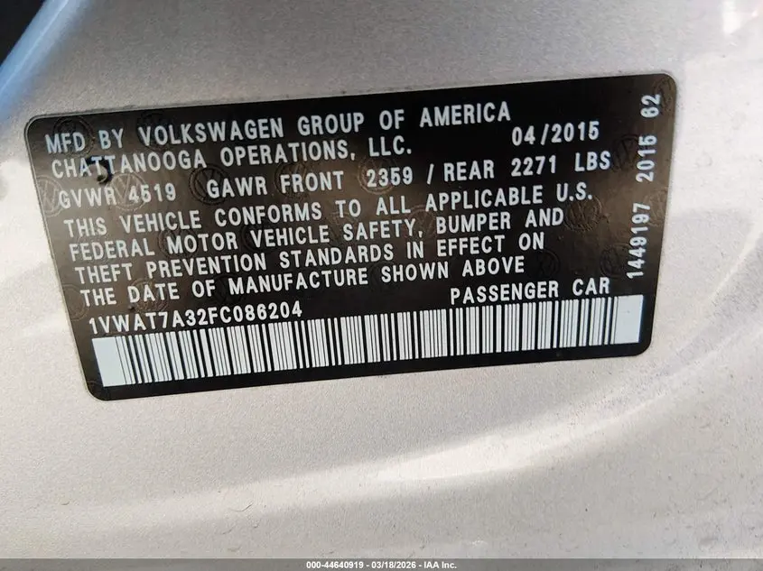 2015 VOLKSWAGEN PASSAT 1.8T LIMITED EDITION