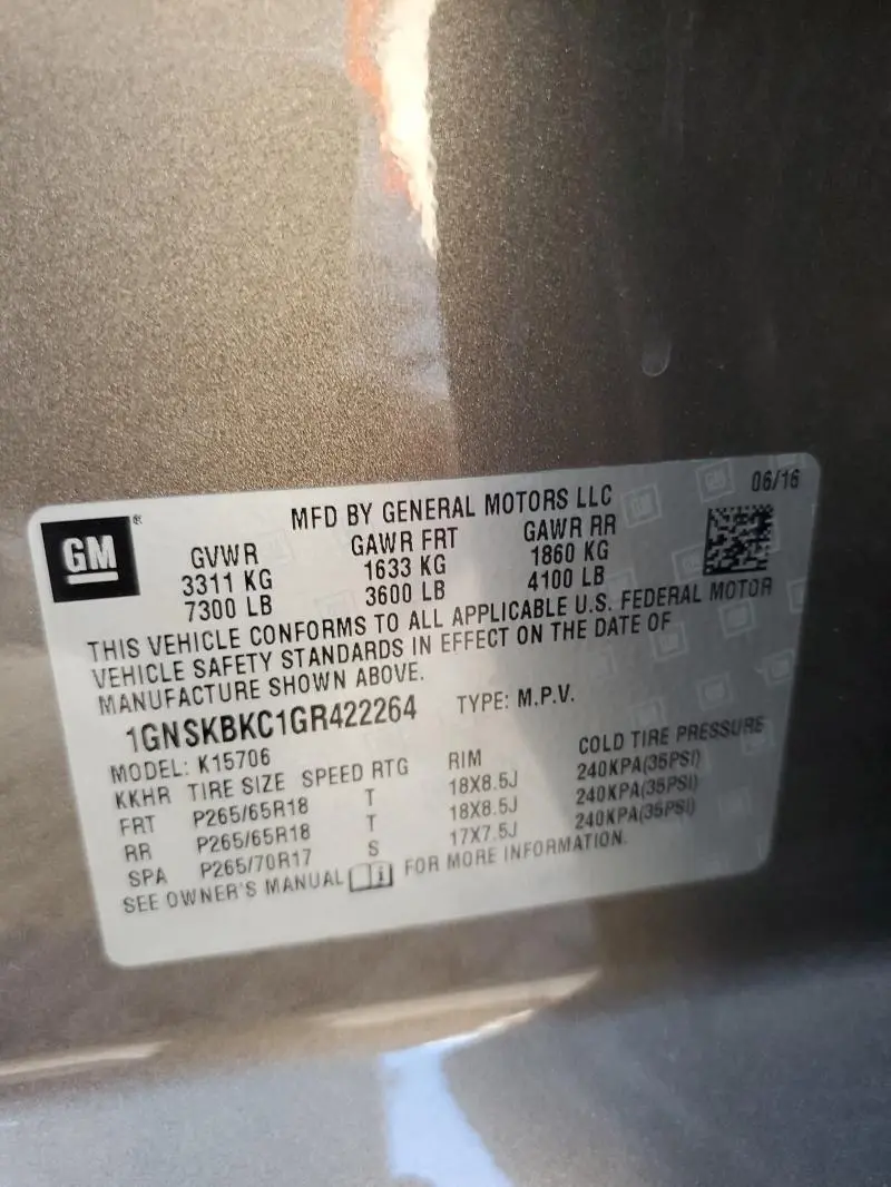 2016 CHEVROLET TAHOE K1500 LT  