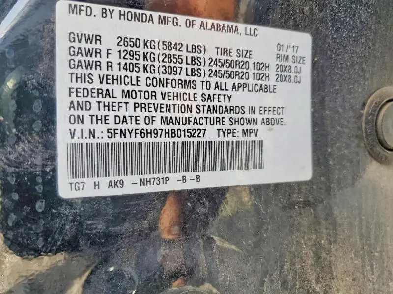 2017 HONDA PILOT TOURING  