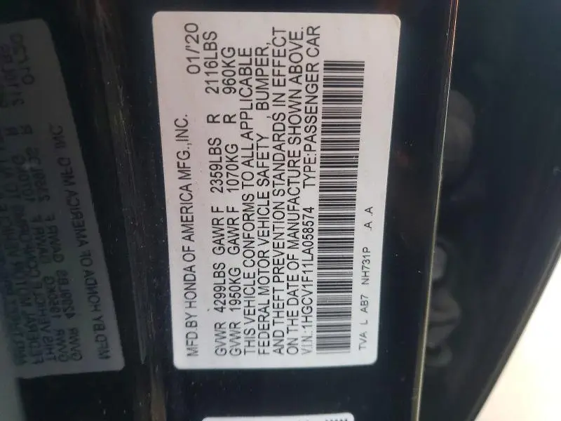 2020 HONDA ACCORD LX  