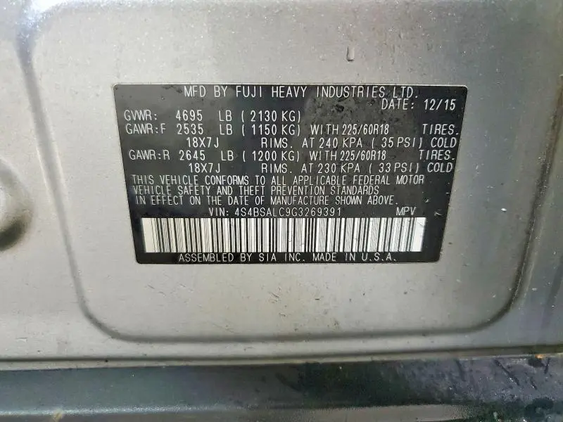 2016 SUBARU OUTBACK 2.5I LIMITED  