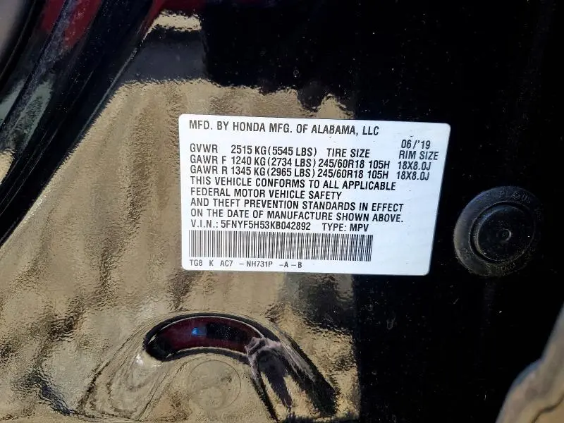 2019 HONDA PILOT EXL  