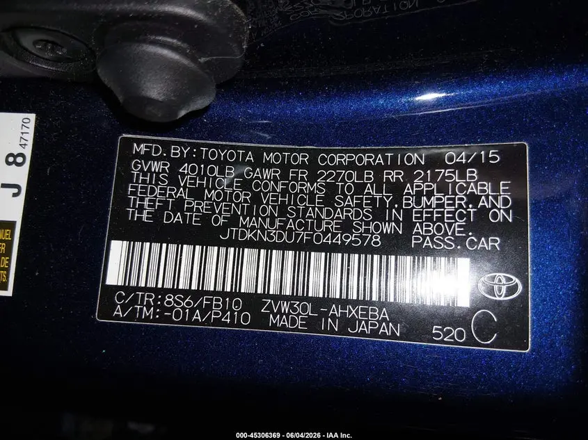 2015 TOYOTA PRIUS TWO
