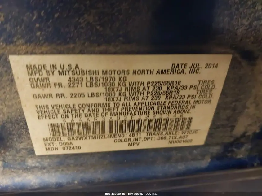 2015 MITSUBISHI OUTLANDER SPORT ES