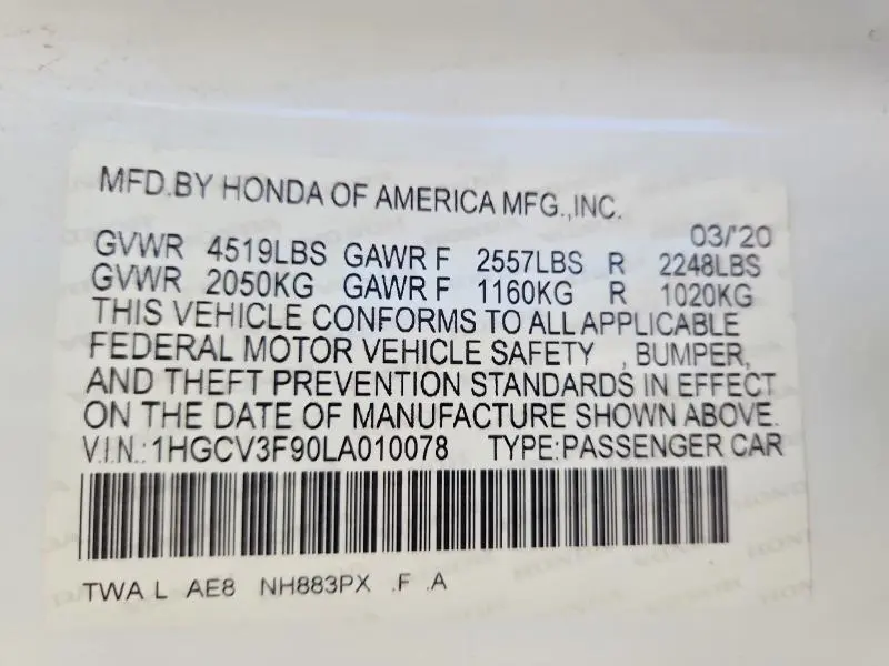 2020 HONDA ACCORD TOURING HYBRID  