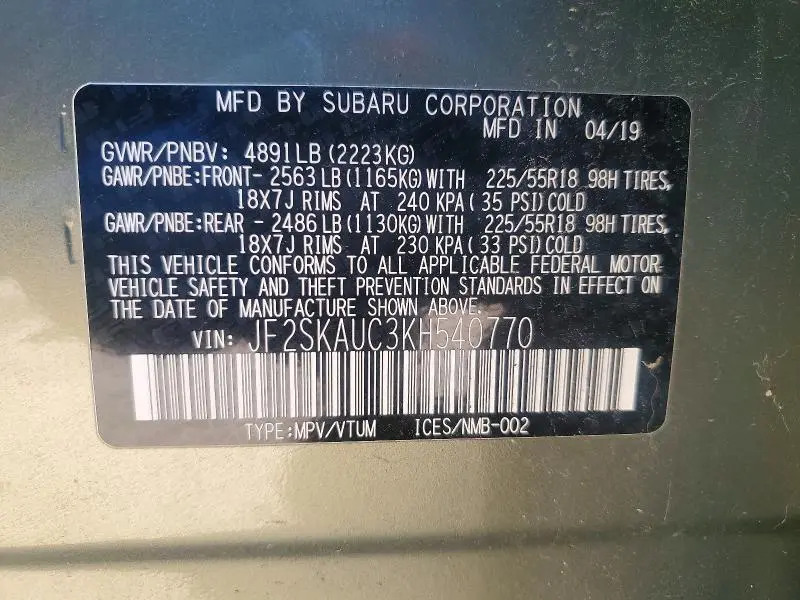 2019 SUBARU FORESTER LIMITED  