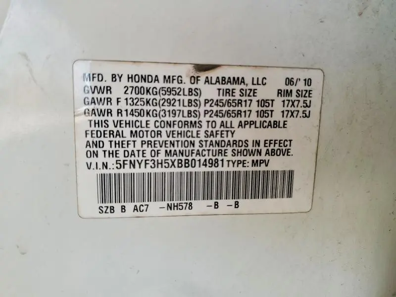 2011 HONDA PILOT EXL  
