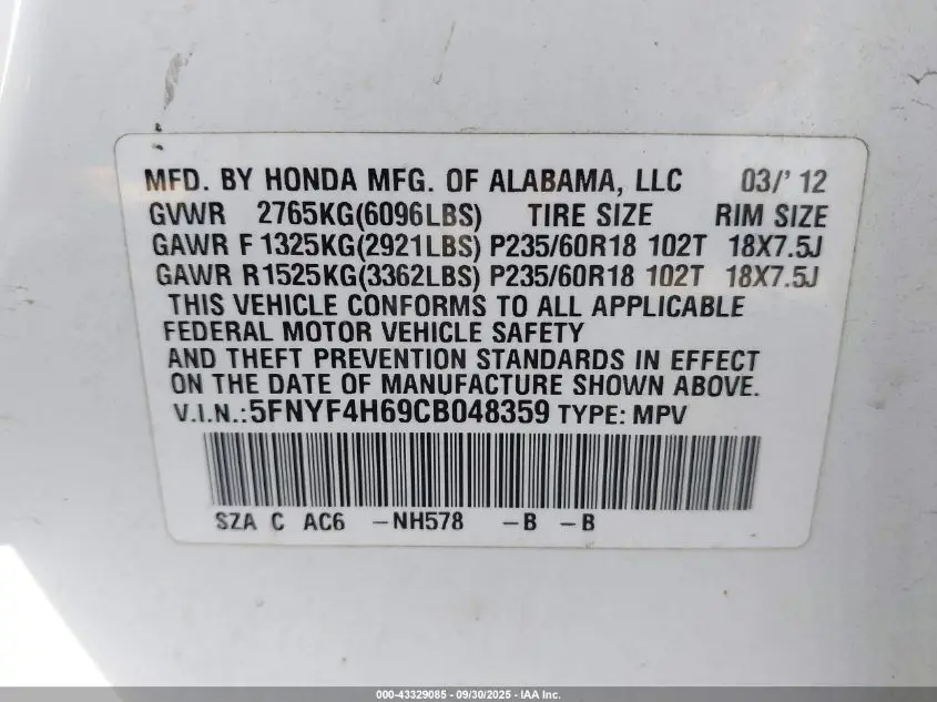 2012 HONDA PILOT EX-L